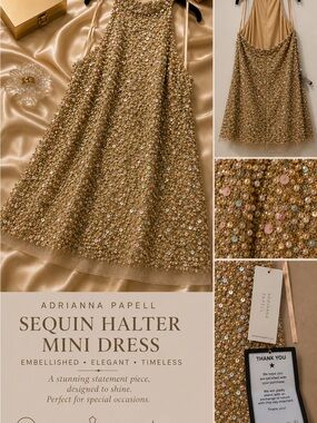 Adrianna Papell Gold Sequin Halter Mini Dress for Girls